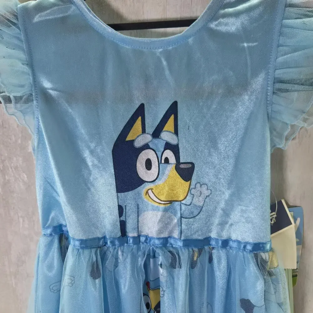 Bluey Gown Girls S 6/6X Blue Tulle Nightgown Flame Resistant Cartoon Sleepwear